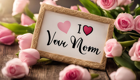 A framed greeting card with the words 'I love you Mom' surrounded by pink roses and tulips. It's a lovely and sentimental message for Mother's Day or any special occasion.の写真素材