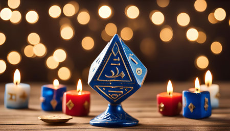 A blue dice on a wooden table with several lit candles around it. The background is out of focus, with warm bokeh lights. The dice is gold painted and has a mystical look.の写真素材