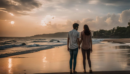 A couple stands hand in hand on a beach at sunset, gazing out at the ocean. The golden light of the setting sun casts long shadows on the sand and water.の写真素材