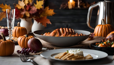 A beautifully set Thanksgiving dinner table with a rustic wooden background and autumn leaves, pumpkins, and delicious food. The table setting features a platter with bread and a side dish, a glass, and silverware. It creates a warm and inviting atmosphere for a festive gathering.の写真素材