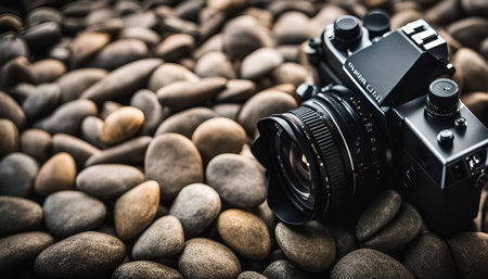 Close-up of a vintage film camera laying on grey, brown pebbles, showing the classic design of the camera and the texture of the stones.の写真素材