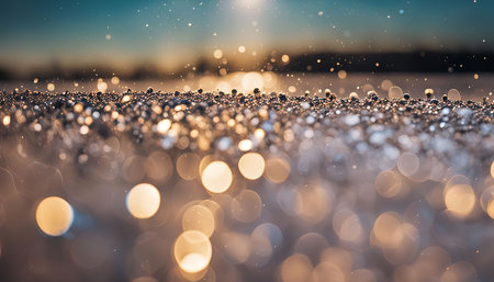 A close-up shot of water droplets on a surface, illuminated by sunlight, creating a mesmerizing bokeh effect.の写真素材
