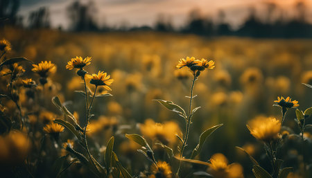 A close-up shot of golden meadow flowers bathed in the soft glow of the sunset. The delicate petals and vibrant colors create a beautiful scene.の写真素材