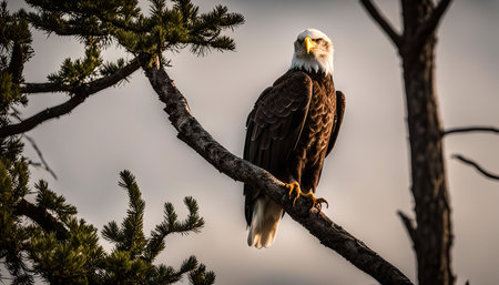 A majestic bald eagle with a piercing gaze sits perched on a branch, against a backdrop of a serene sky and a silhouetted tree. This powerful bird exhibits the beauty of nature and wildlife.の写真素材