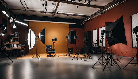A well-equipped photo studio with professional lighting, camera equipment, and a backdrop for...