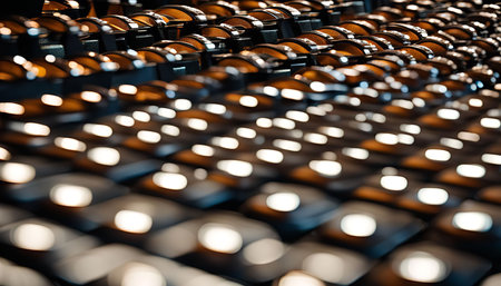 A close-up abstract view of rows of seats in an auditorium. The chairs are blurred in the...