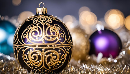 A close-up image of a black Christmas ornament with gold details, surrounded by glittering Christmas decor, creates a festive atmosphere.の写真素材