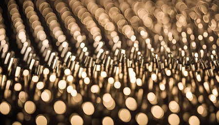 A close-up abstract image of golden bokeh lights creating a dazzling and warm background.の写真素材