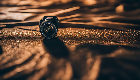 A camera lens, with a large aperture, is captured in a macro shot, showing its detail against a shimmering golden backdrop. The light reflecting off the surface creates a sense of luxury and professionalism.の写真素材