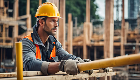 A construction worker wearing a yellow hard hat and safety vest, is resting on a wooden beam at the...