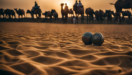 Two small spherical objects lay in the foreground of a desert landscape. Camels and people are silhouetted in the distance against a setting sun.の写真素材