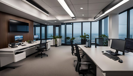 A modern office interior with a city view. It features sleek desks with computers, comfortable...