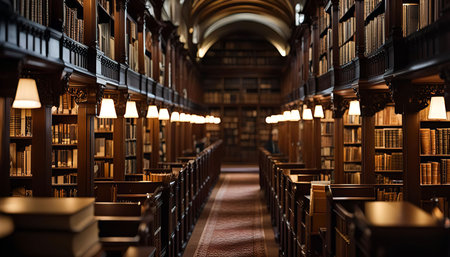 A long corridor in a library with bookshelves on either side, filled with books. The corridor is lined with warm light, creating a calm and inviting atmosphere.の写真素材