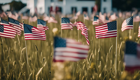 A field of waving American flags against a blurry background of grass and trees. The flags are a symbol of patriotism and American pride.の写真素材