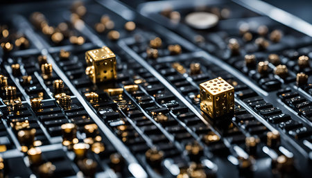 Golden dice on a close-up shot of a circuit board, highlighting technology and design.の写真素材