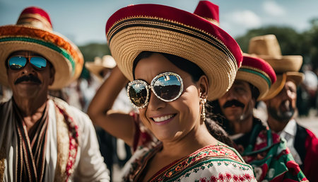 A woman smiles brightly while wearing a traditional Mexican hat and sunglasses. She stands in a group of people who are also wearing traditional clothing. The scene exudes joy, celebration, and Mexican cultural pride.の写真素材