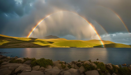 A breathtaking double rainbow arcs over a tranquil lake nestled in a mountain valley. The vivid colors of the rainbow contrast beautifully against the dark storm clouds and the green hillsides, creating a scene of awe-inspiring natural beauty.の写真素材