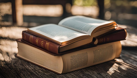 A close up shot of three books stacked on a wooden table, the top book is open and the sun shines...