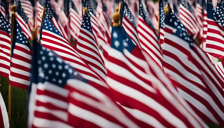 A field of American flags waving in the wind, a powerful display of patriotism.の写真素材