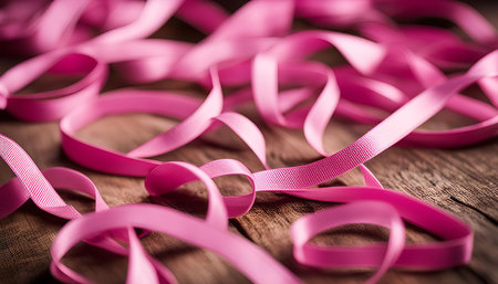 Pink ribbons arranged in a tangled design on a rustic wooden surface, symbolizing support,...