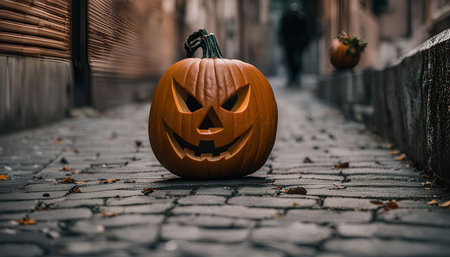 A carved pumpkin, with a spooky grin, sits on a cobblestone street in a dark alleyway. The pumpkin, a symbol of Halloween, adds a touch of festive spookiness to the scene.の写真素材