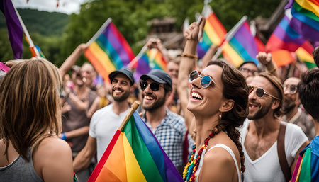 A vibrant celebration of pride, filled with smiles and rainbow flags. This picture embodies a sense of unity, inclusivity, and joy as people come together to celebrate diversity.の写真素材