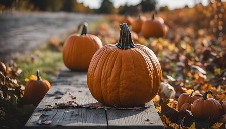A group of pumpkins arranged on a wooden surface amidst a bed of fallen autumn leaves, showing the warm colors and textures of the season.の写真素材