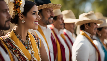 A group of Mexican folk dancers in traditional attire, smiling and enjoying the performance. The vibrant colors of their costumes and the joyful expressions on their faces capture the spirit of their cultural heritage.の写真素材