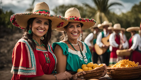 Two Mexican women in traditional dress stand in front of a group of musicians with smiles on their faces.の写真素材