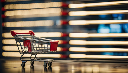 A small shopping cart with red handles stands on a glossy floor against a blurred background of lit up shelves.の写真素材