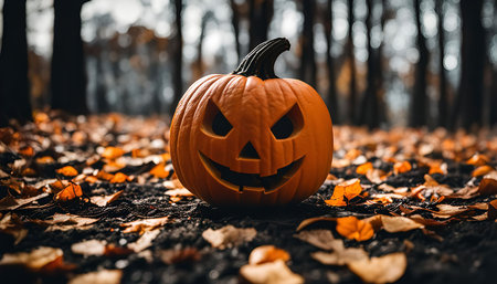 A jack-o'-lantern sits among fallen leaves in a dark forest, creating a spooky and festive Halloween atmosphere.の写真素材