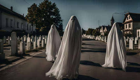 Three ghosts in white sheets walking down a street through a graveyard at dusk.の写真素材
