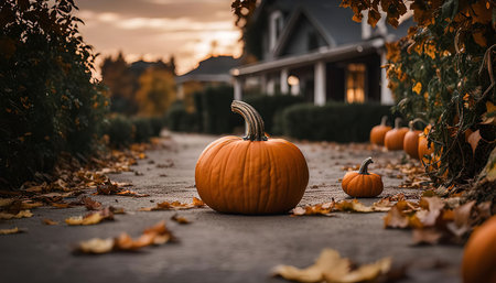 Pumpkins are displayed on a driveway, leaves are falling around them and a house is visible in the background.の写真素材