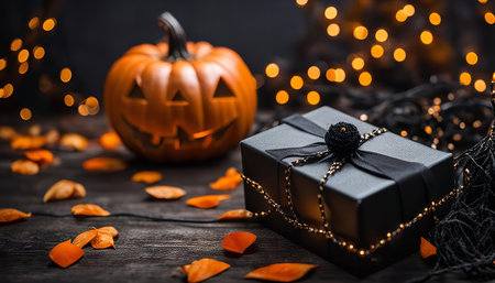 A black gift box adorned with black ribbon and gold accents sits on a rustic wooden table. A jack-o'-lantern and warm glowing lights create a festive and spooky atmosphere for Halloween.の写真素材