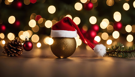A golden Christmas ornament adorned with a Santa hat sits in front of a festive bokeh background.の写真素材