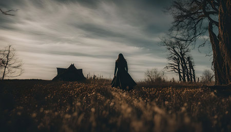 A woman walks alone through a field in front of a farmhouse, the silhouette of her and the house are highlighted by the setting sun. The scene is serene and peaceful.の写真素材