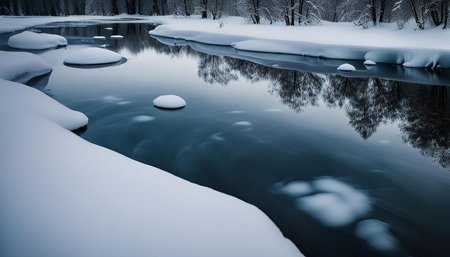 A serene winter river scene with snow-covered banks, still water, and a reflecting sky.