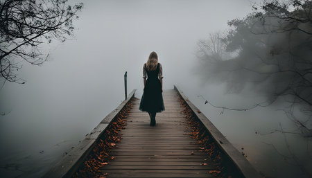 A woman walks into the mist, her path shrouded in fog, surrounded by trees and waterの写真素材