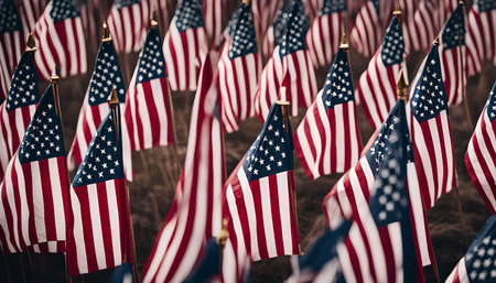 A close-up shot of a field of American flags waving in the wind, symbolizing patriotism and unity.の写真素材