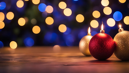 Three christmas ornaments, one red and two gold, sit on a wooden table with bokeh lights in the background.の写真素材