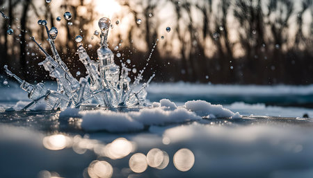 Water droplets splashing on a frozen lake, creating an intricately designed ice sculpture.の写真素材
