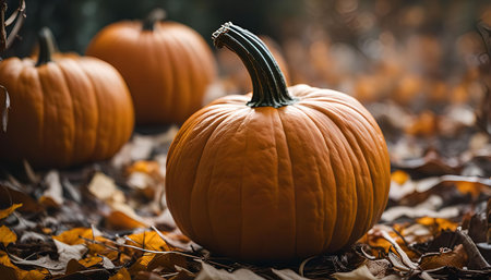 A close-up of pumpkins in a field of autumn leaves. The pumpkins are orange and ripe, and the leaves are brown and yellow. The image is taken from a low angle, giving the viewer a sense of the pumpkins' size and scale.の写真素材
