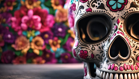 A close-up of a sugar skull decorated with vibrant floral patterns. The skull rests on a surface with a blurred background of more colorful flowers. It evokes the imagery and symbolism of the Day of the Dead celebration.の写真素材