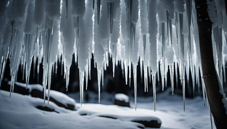 A close-up view of icicles hanging from a tree branch during winter.の写真素材