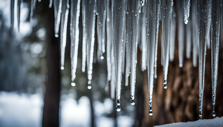 Close-up of icicles hanging from a tree branch in a winter forest. The icicles are frozen and clear, and the background is blurred.の写真素材