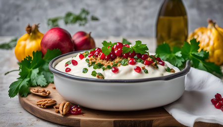 A creamy dip with pomegranate seeds, parsley and pecans, perfect for a party, a holiday gathering or a cozy night in.の写真素材