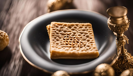 A close-up shot of a single piece of bread with a honeycomb pattern, resting on a black plate...