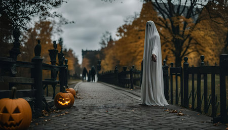 A ghostly figure in a white sheet walks on a pathway lined with pumpkins, creating a spooky and eerie atmosphere for Halloween.の写真素材