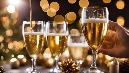 A hand raises a glass of sparkling wine, the golden liquid is in focus while the bokeh lights of celebration are out of focus, creating a joyful mood.の写真素材