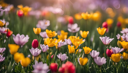 A close-up shot of a field full of colorful tulips in bloom, capturing the beauty and vibrancy of springの写真素材
